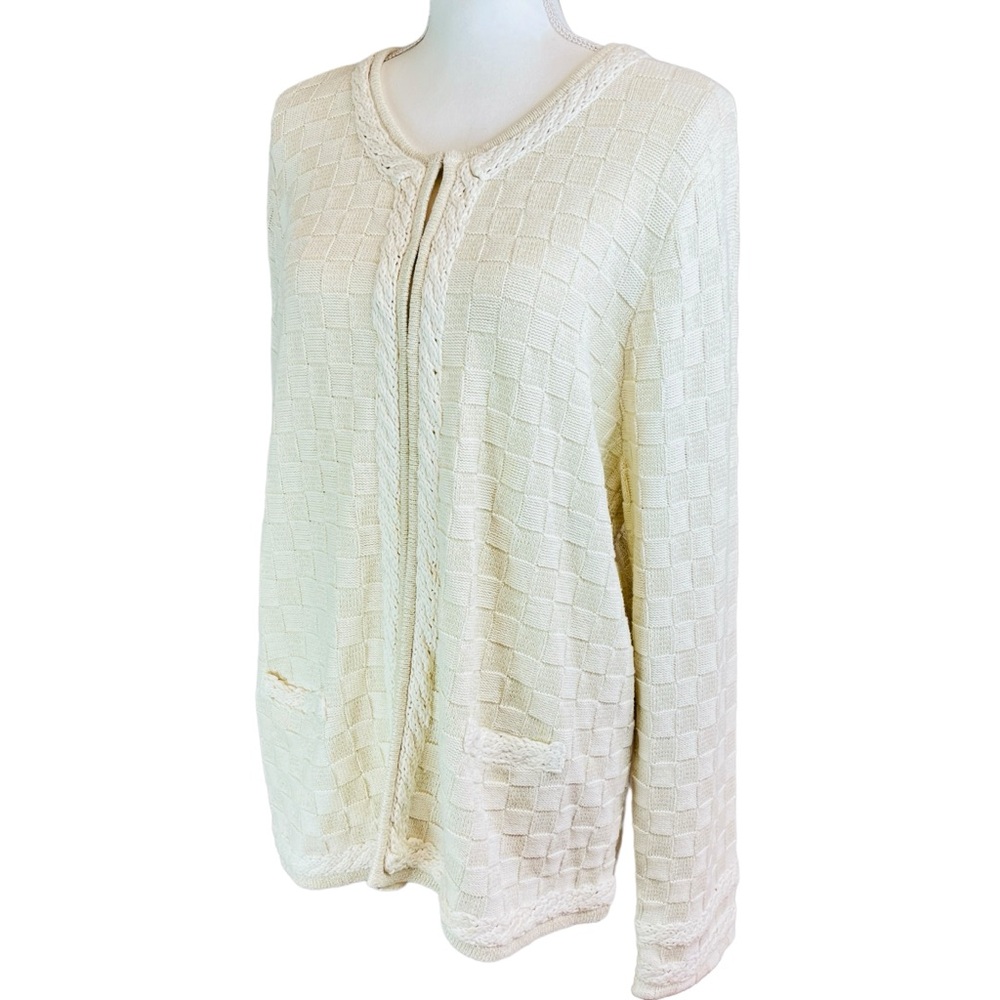 LAURA ASHLEY Ivory Basketweave Knit Cardigan Sweater Sz XL Gold Metallic Easter